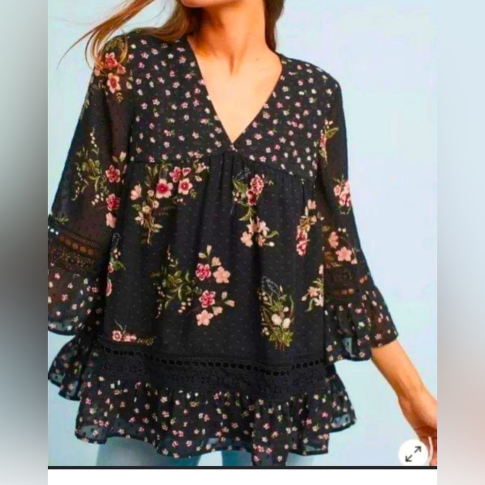 Anthropologie Maeve Black Floral Top Size Medium